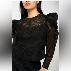 Joie XENIA floral lace black puff long sleeve top sz.4
